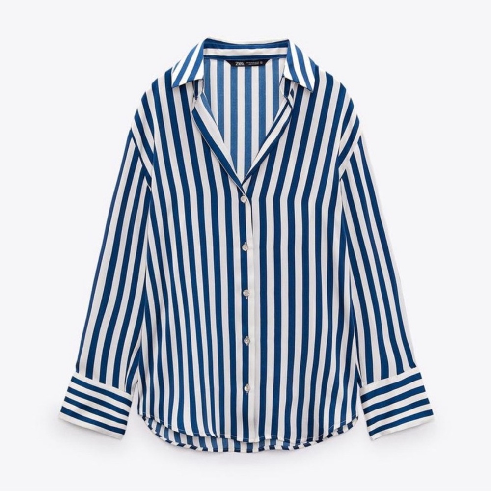 Zara Navy and White Striped Satin Blouse